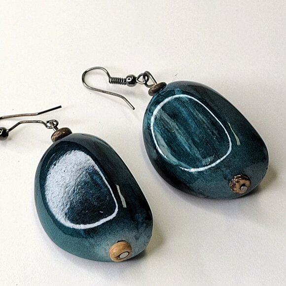 Teal/Black/Golden Colour Fusion Wood Bead Drop Earrings with Silver Tone Closure - Picture 3 of 8